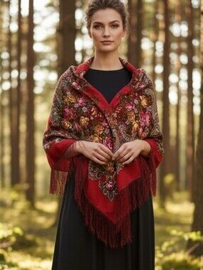 Russian Pure Wool Fringed Floral Folk Scarf Wrap Shawl Head Scarf Red Multi